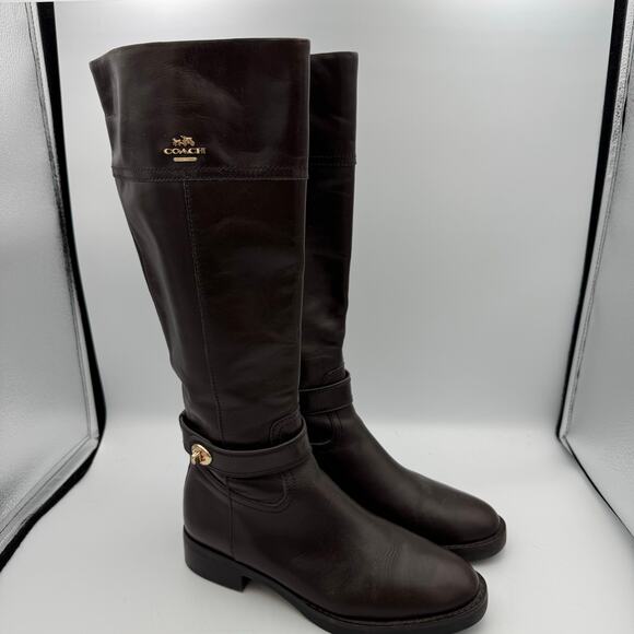 Coach Brown Leather Riding Boots Size 7B Gold Logo Tall Zip Equestrian Style